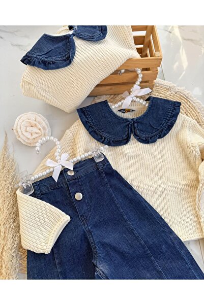 Minigimin Cicileri My Mini's Gentlewomen Tricoturi Guler denim (vârsta 2-10) Set 2 piese pentru fetiță - crem