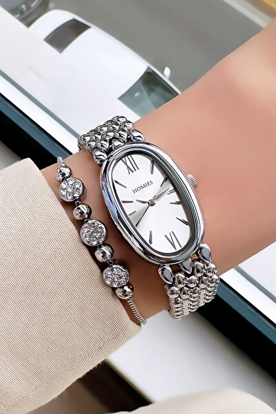 Homies ساعة يد نسائية فضية مقاومة للماء 3 ATM - سوار وسوار من الفولاذ HMBY2029C3