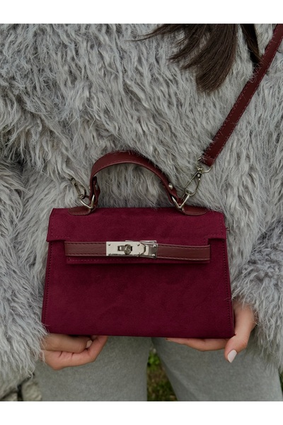 Assia Atelier Burgundy Women's Suede Textured Metal Buckle Hand and Shoulder Bag
