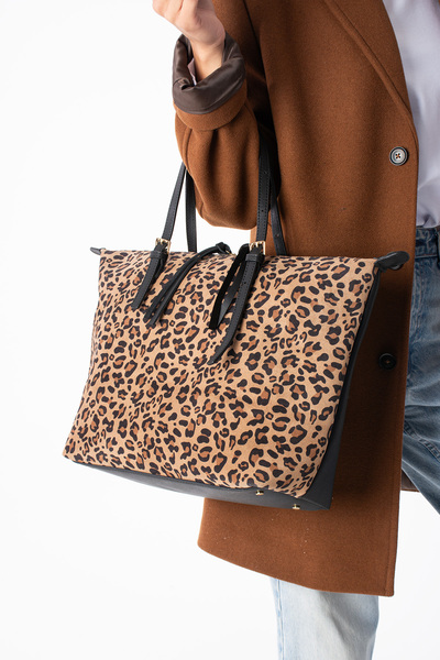 DSN Frezzy Hakiki Deri Süet Tote Çanta Lepar/Siyah Y6313