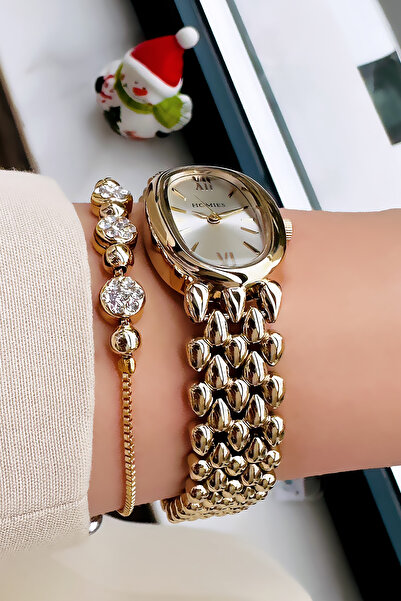 Homies ساعة يد نسائية أصلية مقاومة للماء 3 أتم، سوار فولاذي ذهبي اللون - سوار...