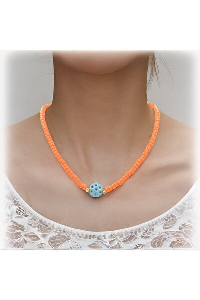 Polonezköy Cam Sanat Merkezi Turuncu Boncuklu Mavi Süryani Nazar Boncuğu Uçlu Kolye