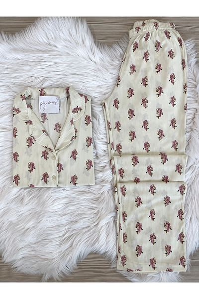 Pijamacs Ecru Floral Print Long Sleeve Pegasus Pajamas Set