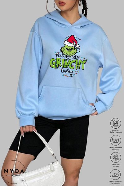 Nyda Collections Hanorac cu glugă unisex cu imprimeu Grinch de Anul Nou - mânecă lungă, ridicat, bumbac supradimensionat