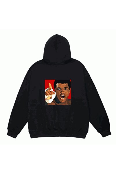 MarkaTurko MUHAMMAD ALI DESIGN Printed Black Hooded Unisex Sweatshirt 605-18Ç