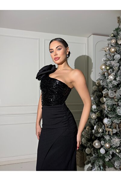 1Moda1Tarz Women's Black Imported Fabric Sequined Top Rose Detail Lined Special Design Dress