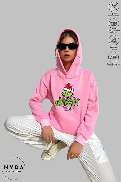 Nyda Collections Grinch New Year's Printed Unisex φούτερ με κουκούλα - Μακρυμάνικο, Raster, Oversize βαμβακερό