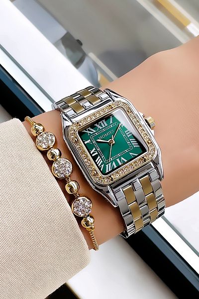 Homies Waterproof Women's Wristwatch - Gold Silver Green with Steel Band and Bracelet Hmby2035C3