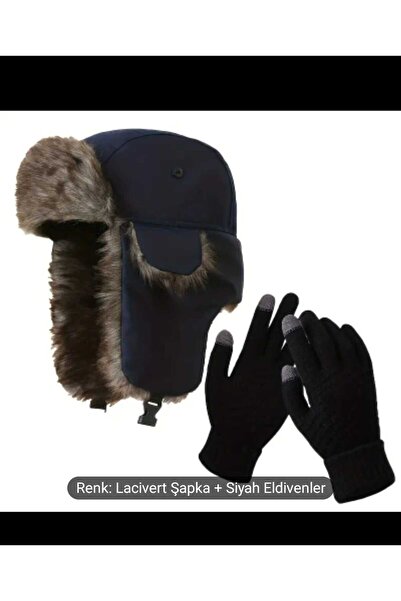 Betülce 2li Takım Kürklü Rus Kayak Şapkası ve Yün Dokunmatik Siyah Eldiven ( ...
