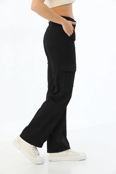 Trn JNS Delmera Women Black Cargo Pocket Back Pocketless Extra High Waist Palazzo Jean Pantalon