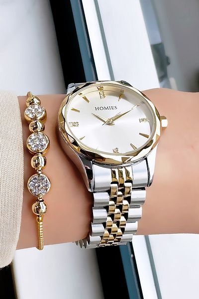 Homies Women's Wrist Watch - Waterproof, Gold Silver Color, Steel Band & Bracelet Hmby2034C2