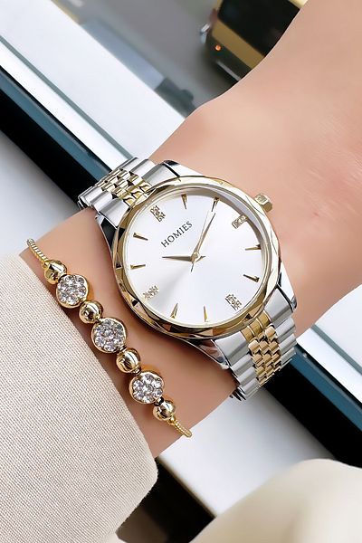 Homies Women's Wrist Watch - Waterproof, Gold Silver Color, Steel Band & Bracelet Hmby2034C2