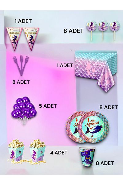 VibeHome Mermaid Themed Luxury Set for 8 - Birthday Party and Fun Events