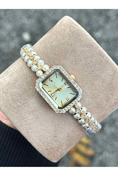 pierrose ساعة يد نسائية بحزام من اللؤلؤ الذهبي