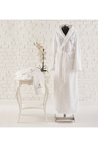 Hepsi Enteresan %100 Pamuklu, Yumuşacık, Triga Mayer Kadife Uzun Ve Kapşonlu Beyaz Bornoz, Anneye, Sevgiliye