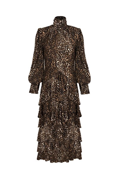 laulei Jasmine Fırfır Detaylı Leopar Midi Elbise