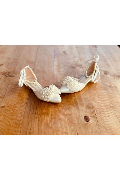 İlkinin Pabuçları Women's Evening Dress Ballerinas, Pearl Bow Detail Wedding Shoes Mother of Pearl Ecru Color, Bridal Ballerinas