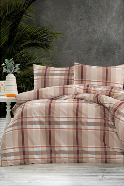 mihriban Bračni Karirano Set navlaka za poplun sa uzorkom bež (VELIČINA Čaršav)