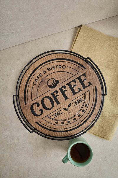 NOVADesign Metal Ahşap yuvarlak sunum tepsi retro vintage