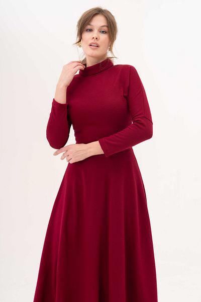 vuvutasarım Burgundy Turtleneck Lycra Midi Office Dress - Long Bat Sleeve 134