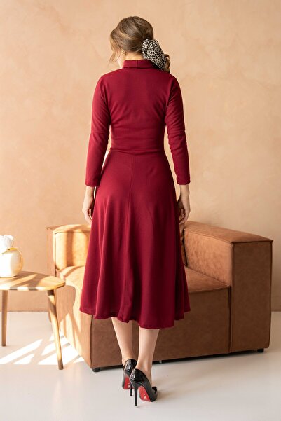 Secret Passion Lingerie Esnek Akrilik Kumaş Kumaş Balıkçı Dik Yaka Uzun Kollu Kloş Kesim Midi Boy Bordo Elbise 134