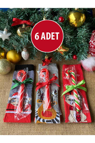 Hepsi Enteresan 6 чифта чорапи с мотив „сладкарски бастун“, подарък за Нова г...