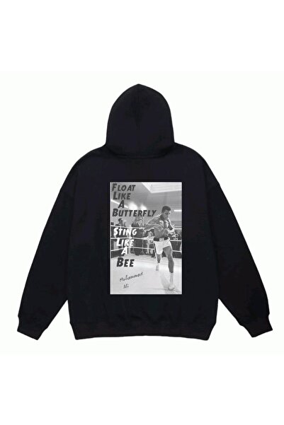 Marco Fresco Unisex Siyah Muhammed Ali Baskılı Pamuklu Kapşonlu Sweatshirt