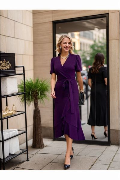 İpeksi Silky Women's Double Breasted Collar Midi Length Belted Crepe Dress 120 cm