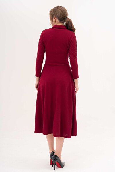 vuvutasarım Kadın Likralı Akrilik Kumaş Balıkçı Dik Yaka Uzun Yarasa Kollu Midi Boy Bordo Ofis Elbisesi 134