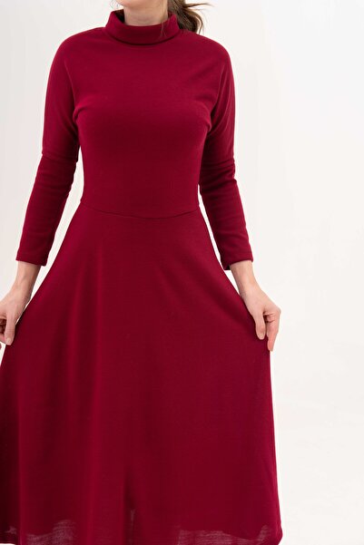 vuvutasarım Kadın Likralı Akrilik Kumaş Balıkçı Dik Yaka Uzun Yarasa Kollu Midi Boy Bordo Ofis Elbisesi 134