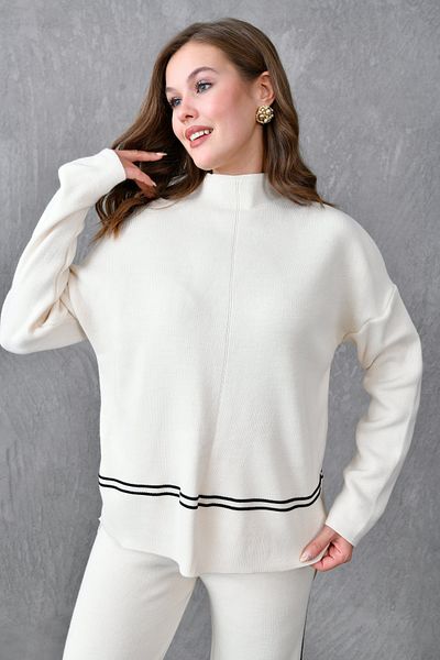 barış sülün lovebox High Waist and Stripe Wide Leg Pants Hijab Knitwear Set - Cream 3040