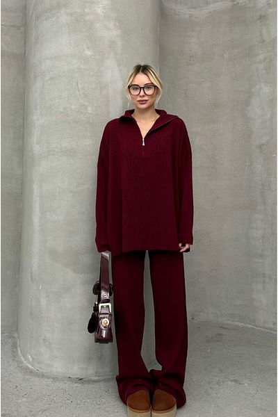 Havoş Burgundy Stand Collar Zippered Relax Knitwear Set