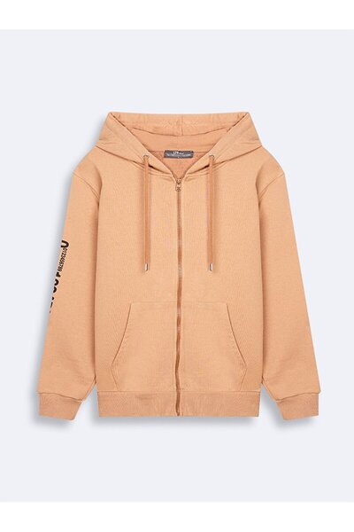 Ltb Kolu Baskılı Kapüşonlu Fermuarlı Camel Sweatshırt