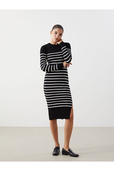 LC Waikiki Lcw Vision Black Crew Neck Striped Women's Knitwear Dress