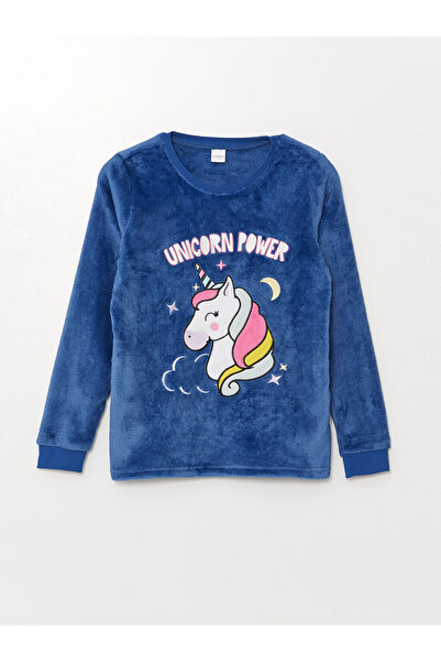 LC Waikiki Mavi Bisiklet Yaka Pelüş Kız Çocuk Pijama Takımı