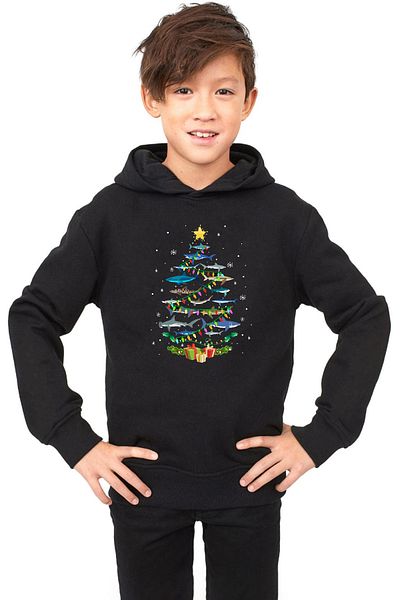Tshirthane Черно детско суичърче 3ip с качулка Shark Christmas Tree