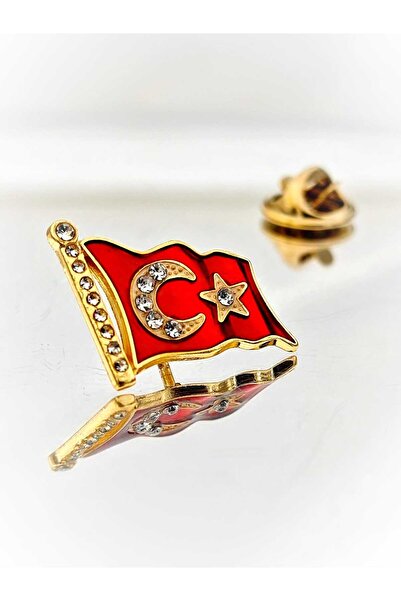 YÖRÜK TASARIM Türk Bayrağı Mine Boyalı Taşlı Altın Kaplama Yaka Rozeti
