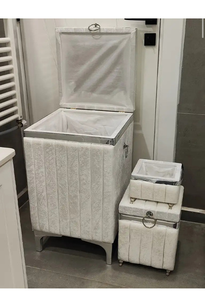 Genel Markalar 3 Parça Kare Krem Renk Gümüş Şeritli Lüks Kadife Banyo Kirli Çamaşır Sepeti