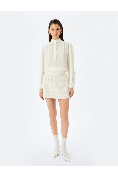 Koton Long Sleeve Ruffle Detail Stand Collar Crepe Blouse