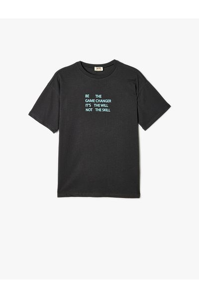 Koton Cotton Oversize T-Shirt - Slogan Printed, Short Sleeve, Crew Neck