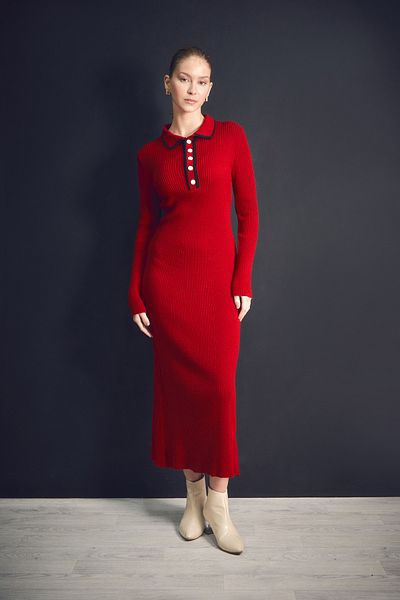 Fulla Moda Βασικό Πλεκτό Φόρεμα με γιακά πουκάμισο με μισό κουμπί