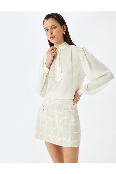 Koton Long Sleeve Ruffle Detail Stand Collar Crepe Blouse