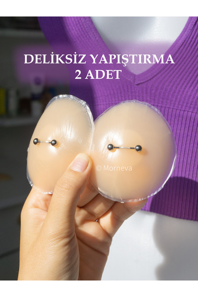 MORNEVA Deliksiz Yapıştırma Gerçek Gibi Gözüken Meme Ucu Fake Nipple Piercingi (2 Adet)