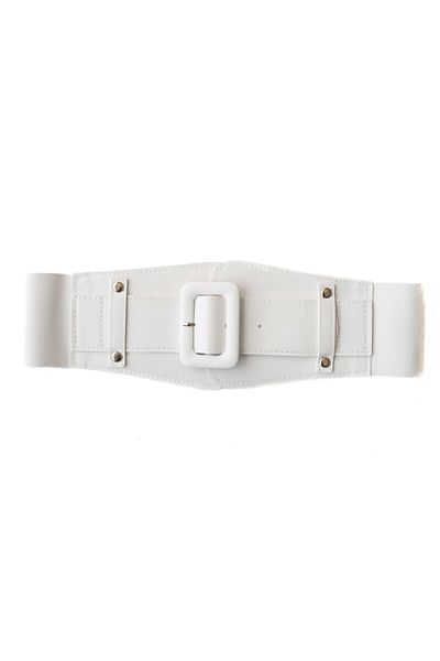 vuvutasarım Women's Flexible Rubber Detail Waist Corsage Large Buckle Faux Leather White Belt 1743