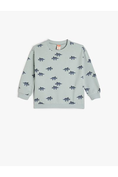Koton Φούτερ από βαμβακερό ριγέ με στάμπα Dinosaur Crew Neck