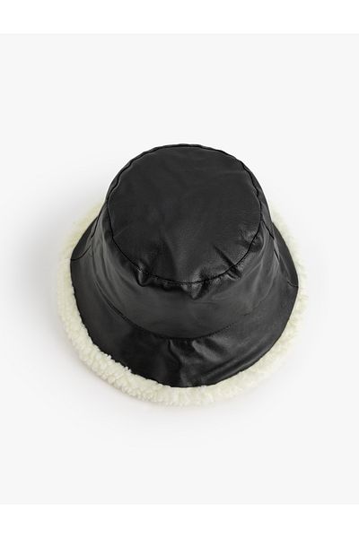 Koton Plush Lined Faux Leather Bucket Hat