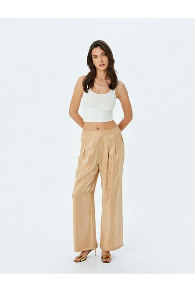 Koton High Waist Palazzo Satin Trousers with Pockets and Pleat Detail