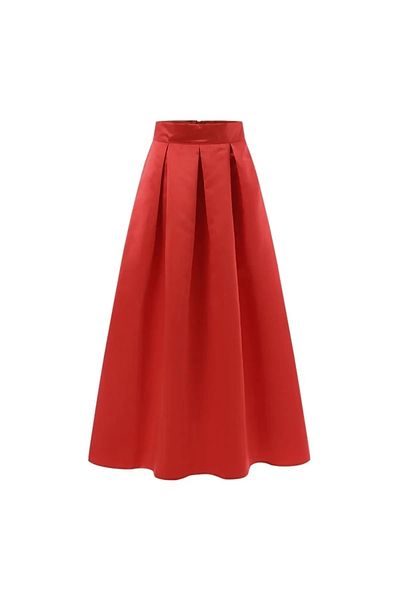 NSMLİFE Women's Red High Waist Maxi Long A-line Satin Skirt