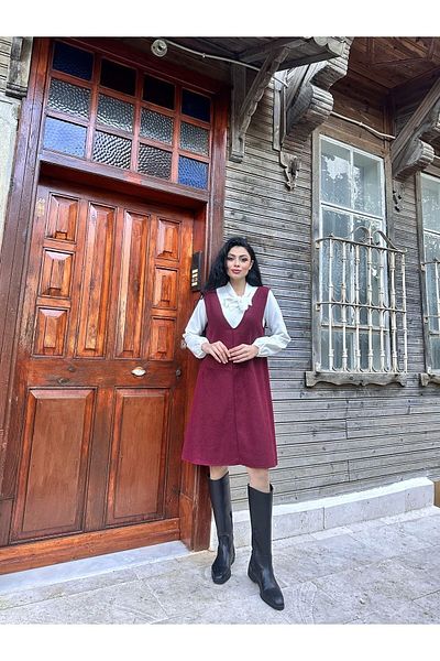 KÜÇÜĞÜM BUTİK Μπορντό κοντό φόρεμα με λαιμόκοψη σε V λαιμόκοψη