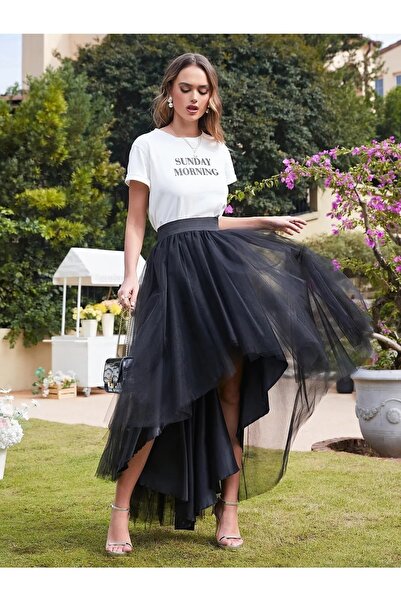 NSMLİFE Fusta neagră umflată asimetrică de lux din tul rochie de bal de absolvire fustă de nuntă